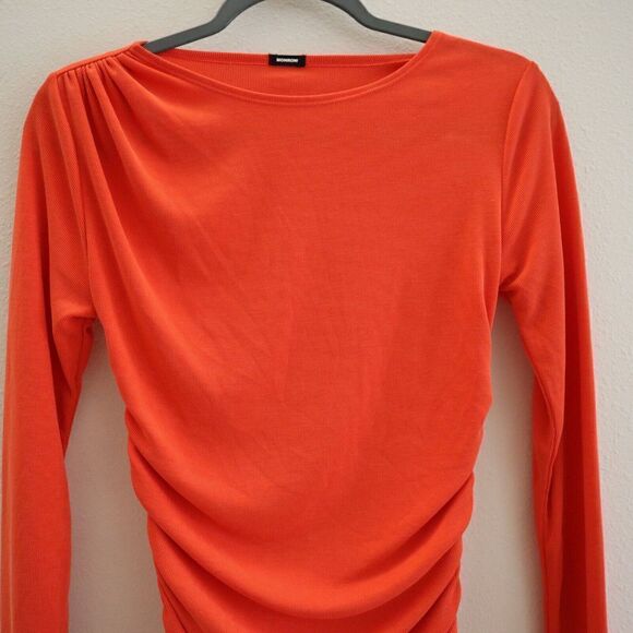 Monrow Women's Sz S Tangerine Orange Ruched Long Sleeve Midi Bodycon Dress - Picture 3 of 3